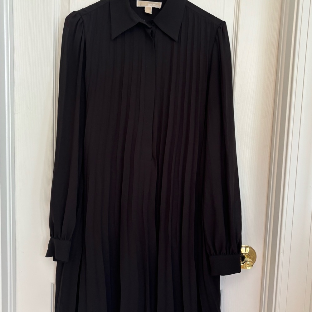 Michael Kors Black Pleated Long Sleeve Shirt Dress